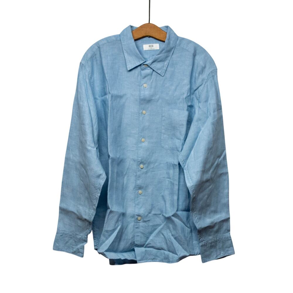 UNIQLO Men's XXL 2X 100% Linen Summer Shirt Lightweight Blue Button Up